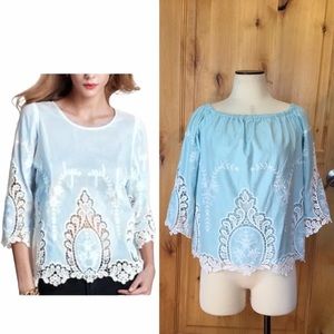 CYNTHIA ROWLEY Blue White Floral Crochet Top EUC M
